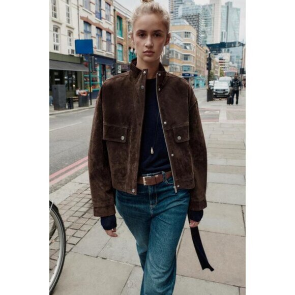 ZARA SUEDE LEATHER BOMBER JACKET WITH POCKETS - Picture 2 of 10